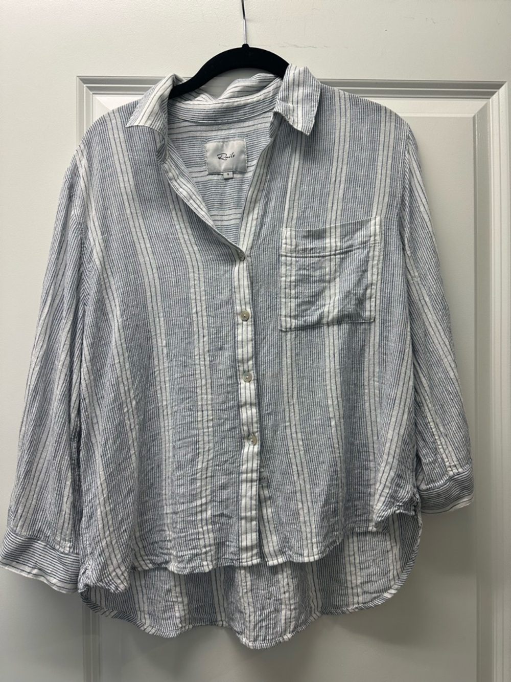 Rails Striped Linen Blend Button-Up Shirt in White & Blue Small